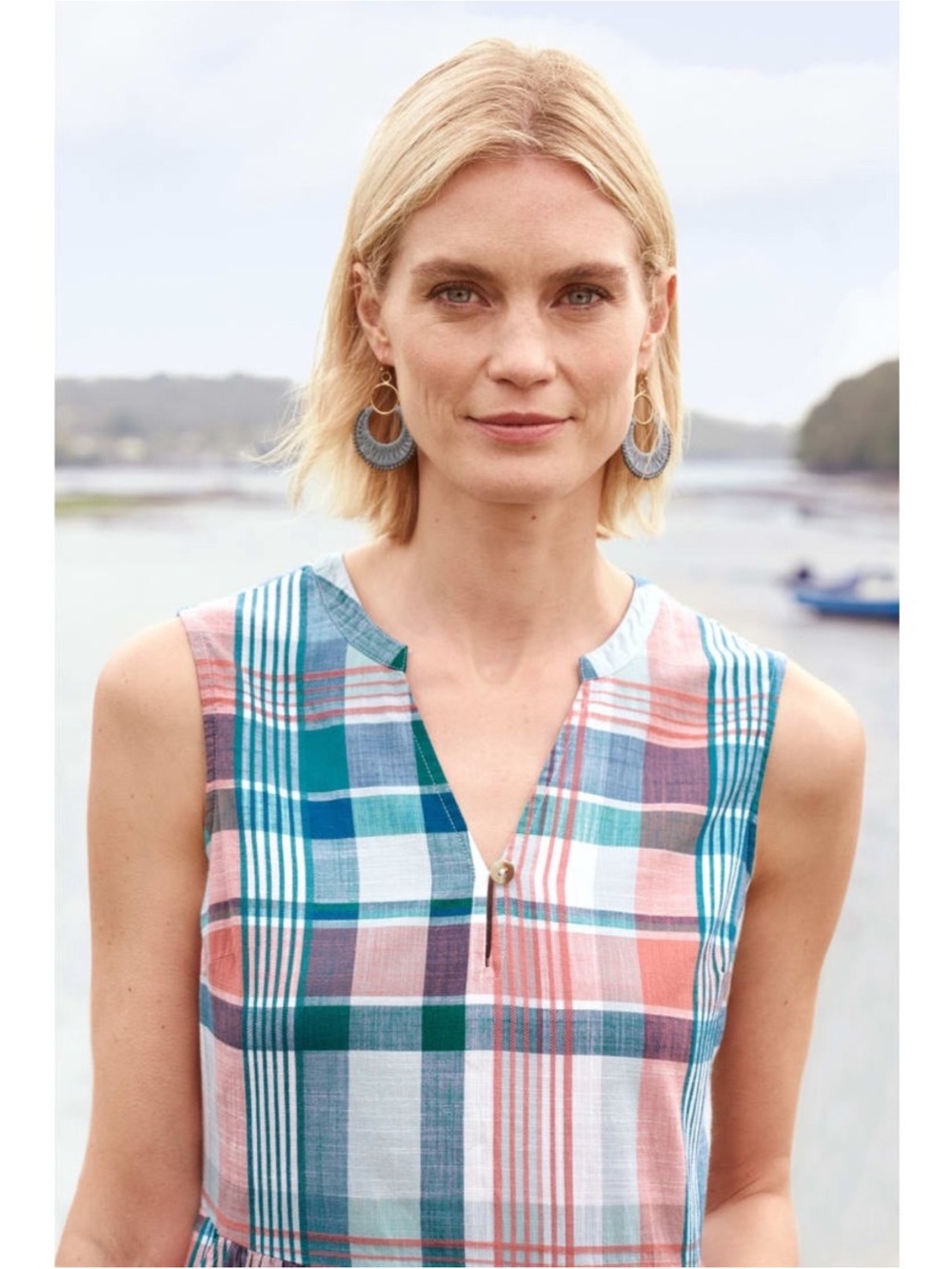 Seasalt Cornwall Bassett Wood Organic Cotton Check Plaid Midi Dress Teal Pink 4 - Picture 2 of 15